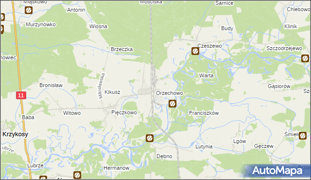 mapa Orzechowo gmina Miłosław, Orzechowo gmina Miłosław na mapie Targeo