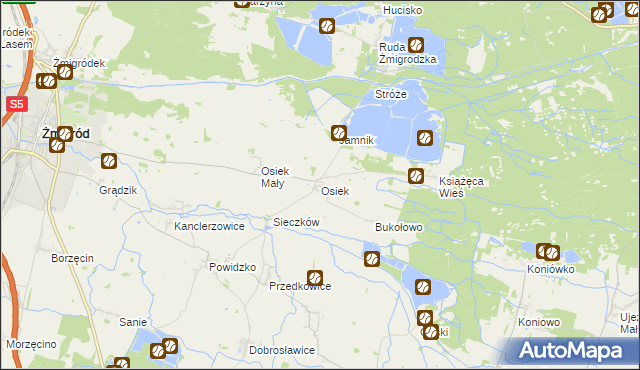 mapa Osiek gmina Żmigród, Osiek gmina Żmigród na mapie Targeo