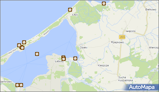 mapa Osieki gmina Sianów, Osieki gmina Sianów na mapie Targeo
