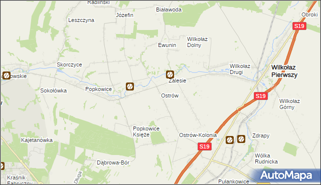 mapa Ostrów gmina Wilkołaz, Ostrów gmina Wilkołaz na mapie Targeo
