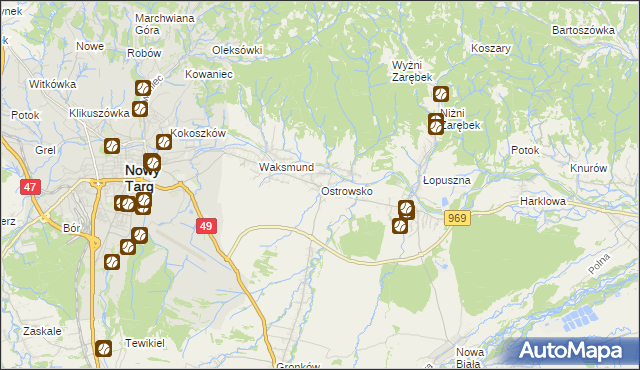 mapa Ostrowsko gmina Nowy Targ, Ostrowsko gmina Nowy Targ na mapie Targeo
