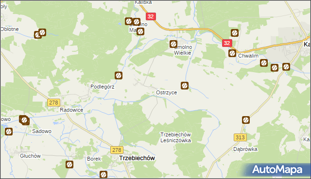 mapa Ostrzyce gmina Trzebiechów, Ostrzyce gmina Trzebiechów na mapie Targeo