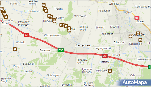 mapa Parzęczew powiat zgierski, Parzęczew powiat zgierski na mapie Targeo