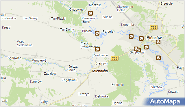 mapa Pawłowice gmina Michałów, Pawłowice gmina Michałów na mapie Targeo