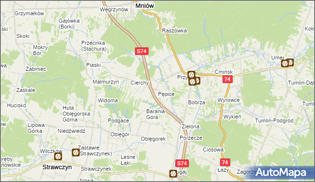 mapa Pępice gmina Mniów, Pępice gmina Mniów na mapie Targeo