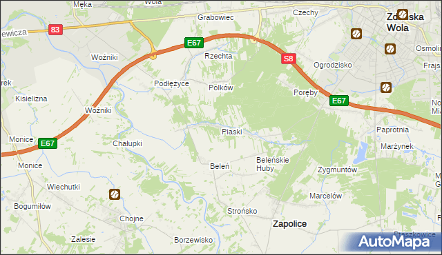 mapa Piaski gmina Zduńska Wola, Piaski gmina Zduńska Wola na mapie Targeo
