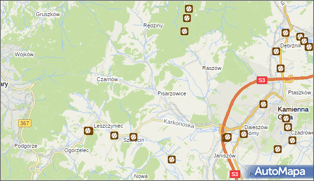 mapa Pisarzowice gmina Kamienna Góra, Pisarzowice gmina Kamienna Góra na mapie Targeo