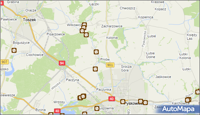 mapa Pniów gmina Toszek, Pniów gmina Toszek na mapie Targeo