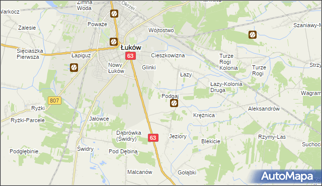mapa Podgaj gmina Łuków, Podgaj gmina Łuków na mapie Targeo