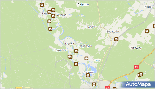 mapa Podgórzyce gmina Nowogród Bobrzański, Podgórzyce gmina Nowogród Bobrzański na mapie Targeo