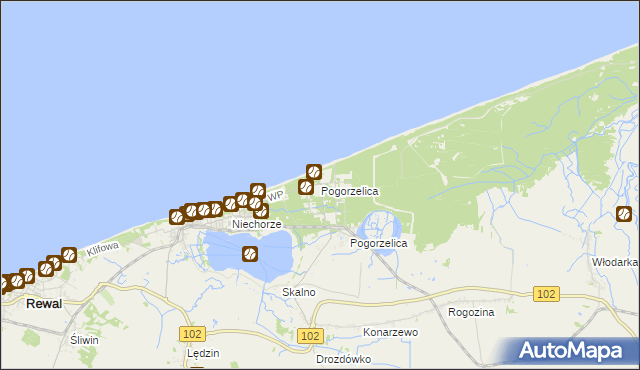 mapa Pogorzelica gmina Rewal, Pogorzelica gmina Rewal na mapie Targeo