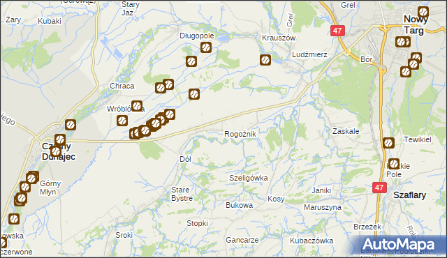 mapa Rogoźnik gmina Nowy Targ, Rogoźnik gmina Nowy Targ na mapie Targeo