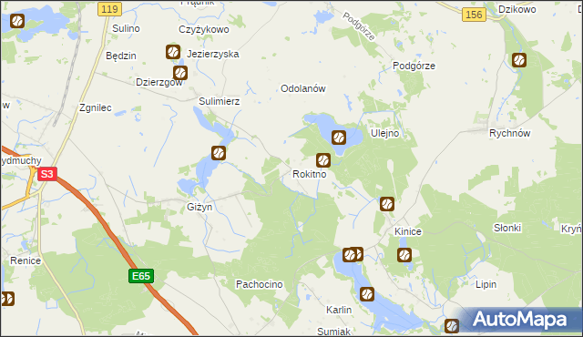 mapa Rokitno gmina Nowogródek Pomorski, Rokitno gmina Nowogródek Pomorski na mapie Targeo