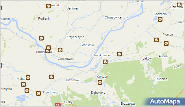mapa Roszkowice gmina Bogdaniec, Roszkowice gmina Bogdaniec na mapie Targeo