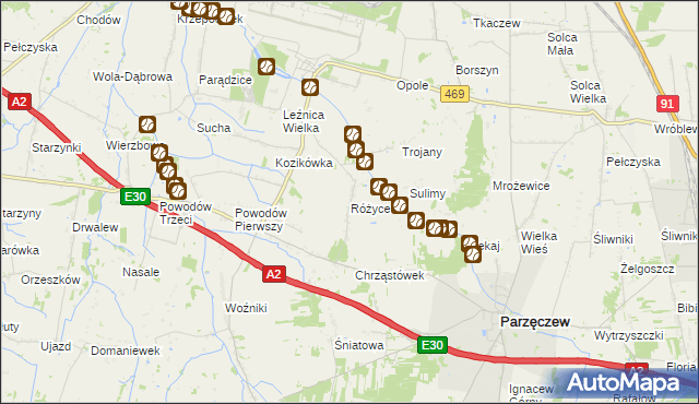 mapa Różyce gmina Parzęczew, Różyce gmina Parzęczew na mapie Targeo
