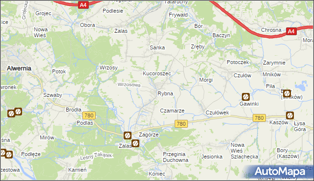 mapa Rybna gmina Czernichów, Rybna gmina Czernichów na mapie Targeo