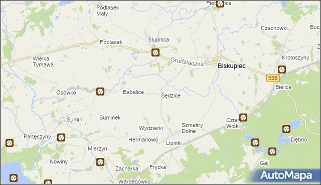 mapa Sędzice gmina Biskupiec, Sędzice gmina Biskupiec na mapie Targeo