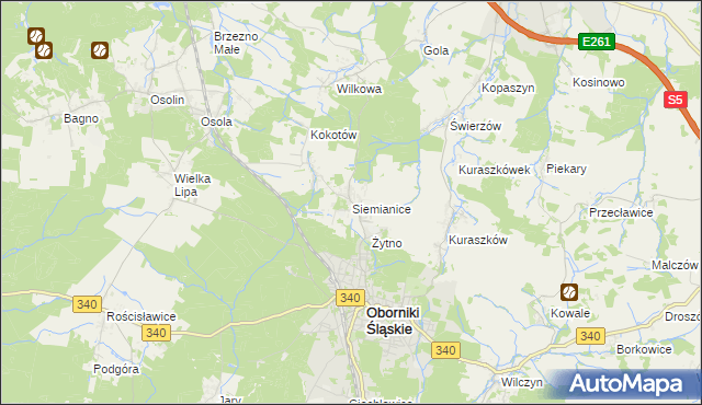 mapa Siemianice gmina Oborniki Śląskie, Siemianice gmina Oborniki Śląskie na mapie Targeo