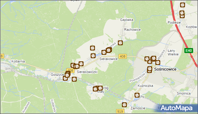 mapa Sierakowice gmina Sośnicowice, Sierakowice gmina Sośnicowice na mapie Targeo