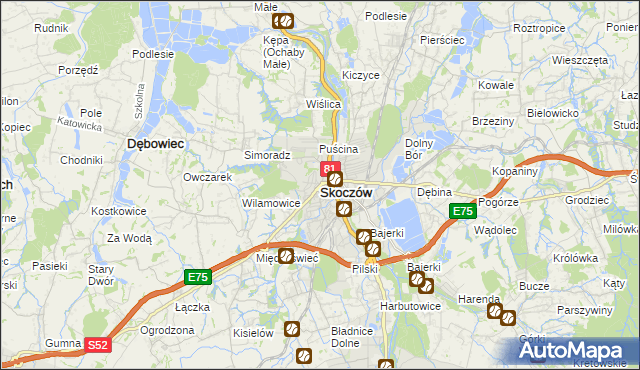 mapa Skoczów powiat cieszyński, Skoczów powiat cieszyński na mapie Targeo