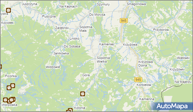 mapa Sopotnia Wielka, Sopotnia Wielka na mapie Targeo