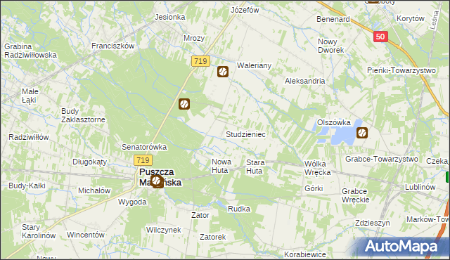 mapa Studzieniec gmina Puszcza Mariańska, Studzieniec gmina Puszcza Mariańska na mapie Targeo
