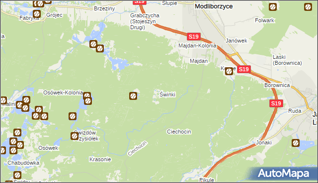 mapa Świnki gmina Modliborzyce, Świnki gmina Modliborzyce na mapie Targeo