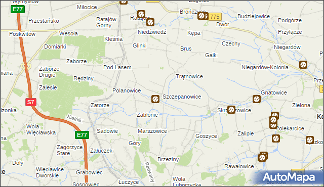 mapa Szczepanowice gmina Słomniki, Szczepanowice gmina Słomniki na mapie Targeo