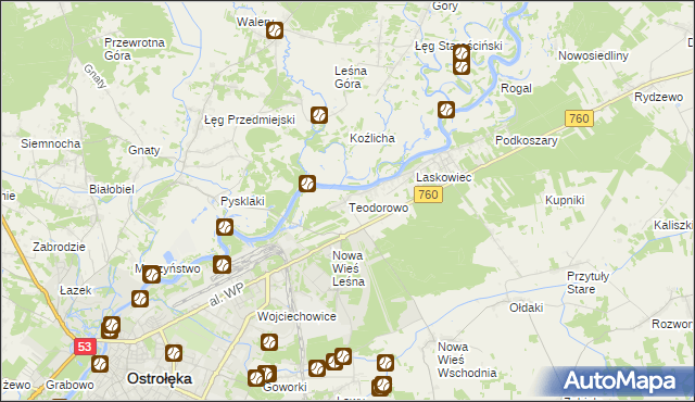 mapa Teodorowo gmina Rzekuń, Teodorowo gmina Rzekuń na mapie Targeo