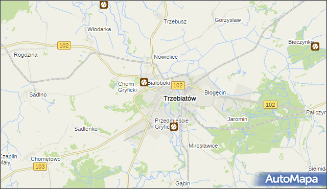 mapa Trzebiatów powiat gryficki, Trzebiatów powiat gryficki na mapie Targeo