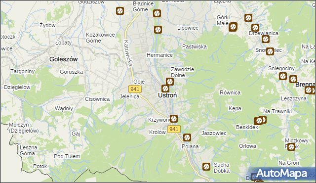 mapa Ustroń powiat cieszyński, Ustroń powiat cieszyński na mapie Targeo