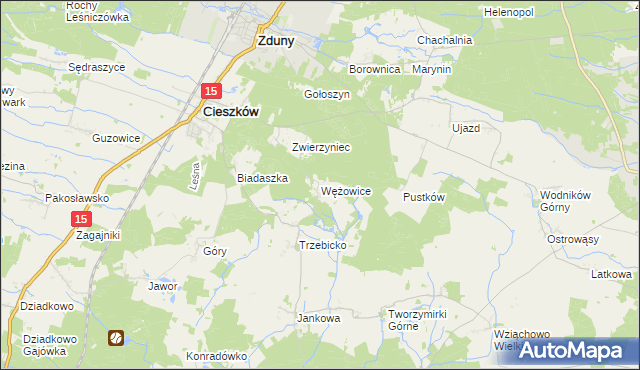 mapa Wężowice gmina Cieszków, Wężowice gmina Cieszków na mapie Targeo