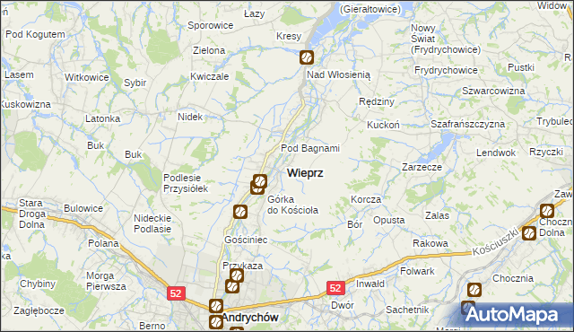 mapa Wieprz powiat wadowicki, Wieprz powiat wadowicki na mapie Targeo