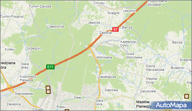 mapa Wiśniówka gmina Masłów, Wiśniówka gmina Masłów na mapie Targeo