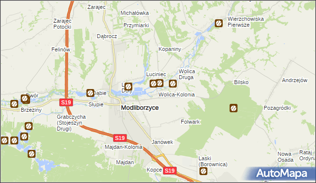 mapa Wolica-Kolonia gmina Modliborzyce, Wolica-Kolonia gmina Modliborzyce na mapie Targeo