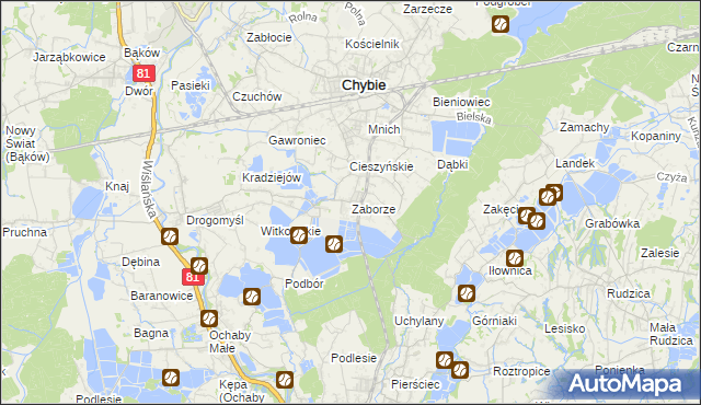 mapa Zaborze gmina Chybie, Zaborze gmina Chybie na mapie Targeo