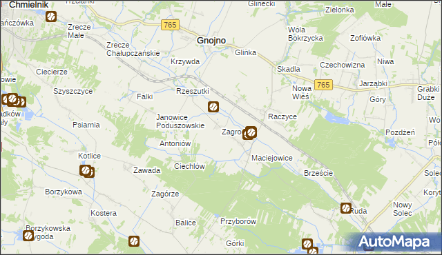mapa Zagrody gmina Gnojno, Zagrody gmina Gnojno na mapie Targeo