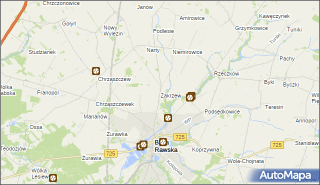 mapa Zakrzew gmina Biała Rawska, Zakrzew gmina Biała Rawska na mapie Targeo