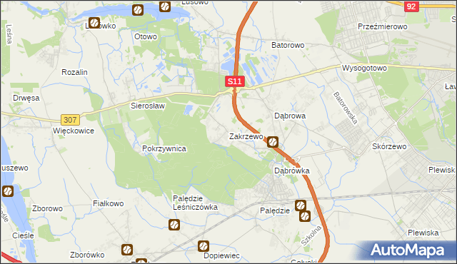 mapa Zakrzewo gmina Dopiewo, Zakrzewo gmina Dopiewo na mapie Targeo