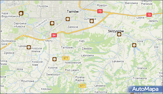mapa Zawada gmina Tarnów, Zawada gmina Tarnów na mapie Targeo