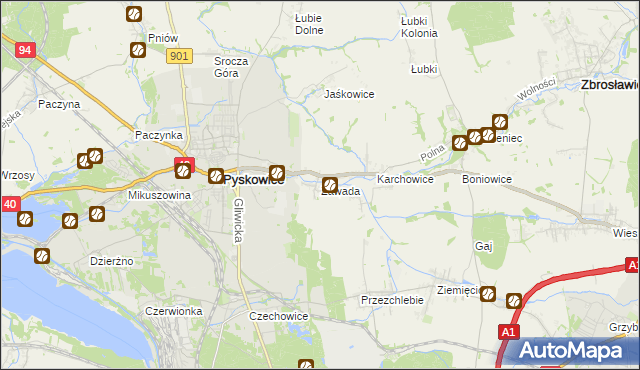 mapa Zawada gmina Zbrosławice, Zawada gmina Zbrosławice na mapie Targeo