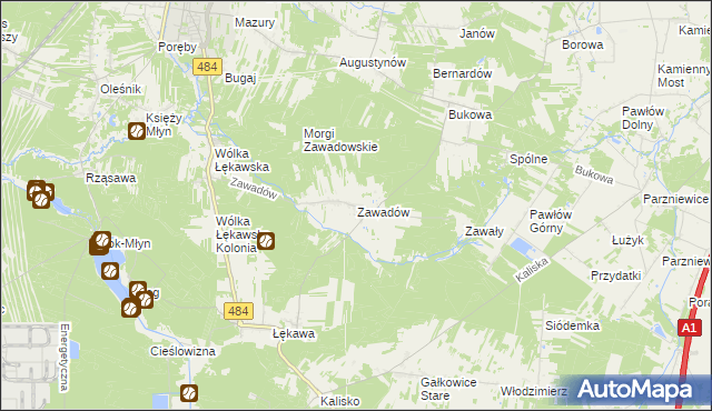 mapa Zawadów gmina Bełchatów, Zawadów gmina Bełchatów na mapie Targeo