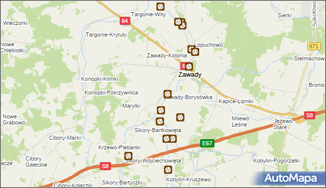 mapa Zawady-Borysówka, Zawady-Borysówka na mapie Targeo