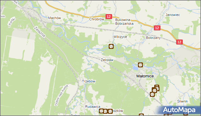mapa Żelisław gmina Małomice, Żelisław gmina Małomice na mapie Targeo