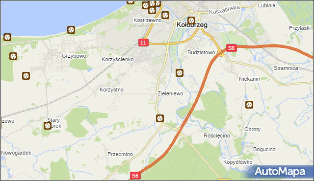 mapa Zieleniewo gmina Kołobrzeg, Zieleniewo gmina Kołobrzeg na mapie Targeo