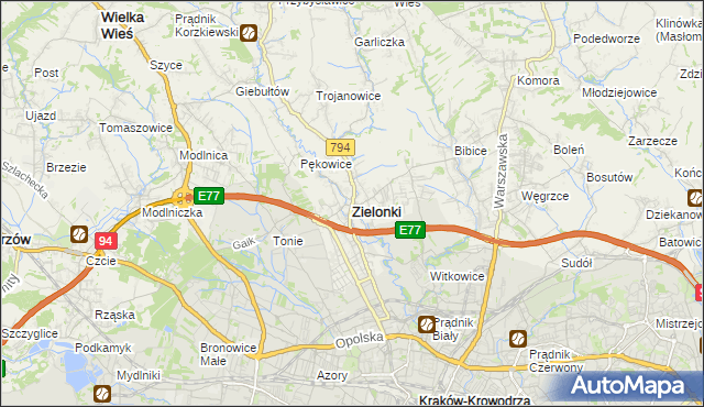 mapa Zielonki powiat krakowski, Zielonki powiat krakowski na mapie Targeo