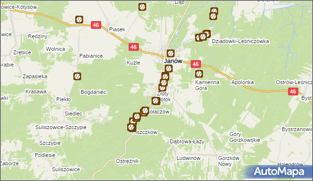 mapa Złoty Potok gmina Janów, Złoty Potok gmina Janów na mapie Targeo