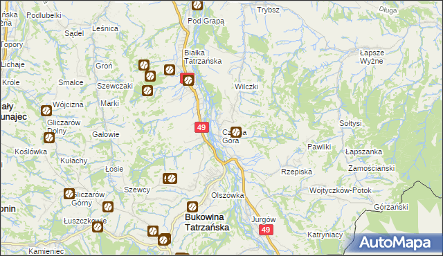 mapa Czarna Góra gmina Bukowina Tatrzańska, Czarna Góra gmina Bukowina Tatrzańska na mapie Targeo