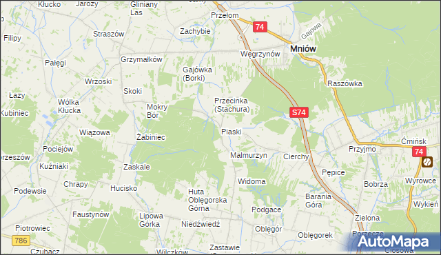 mapa Piaski gmina Mniów, Piaski gmina Mniów na mapie Targeo