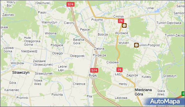 mapa Porzecze gmina Miedziana Góra, Porzecze gmina Miedziana Góra na mapie Targeo